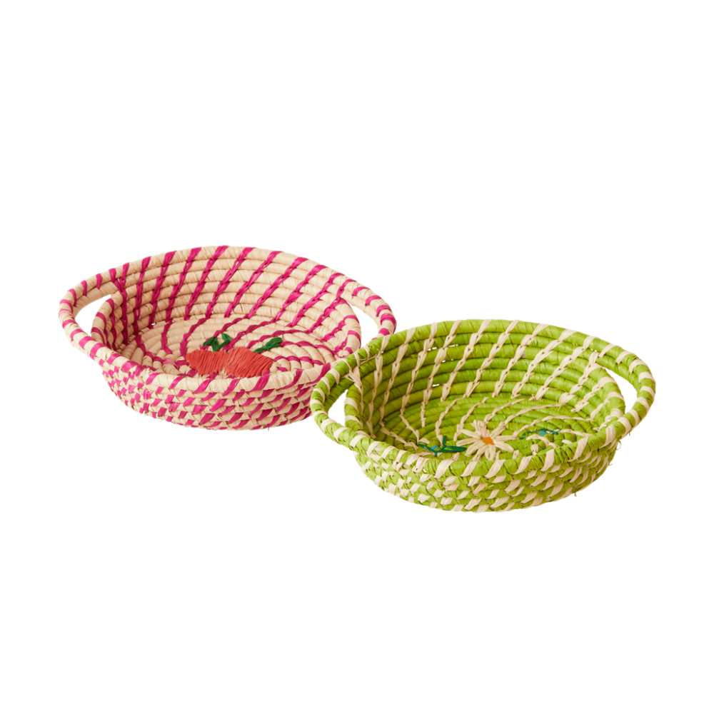 Small Raffia Oval Basket with Embroidered Daisies or Peaches By Rice DK